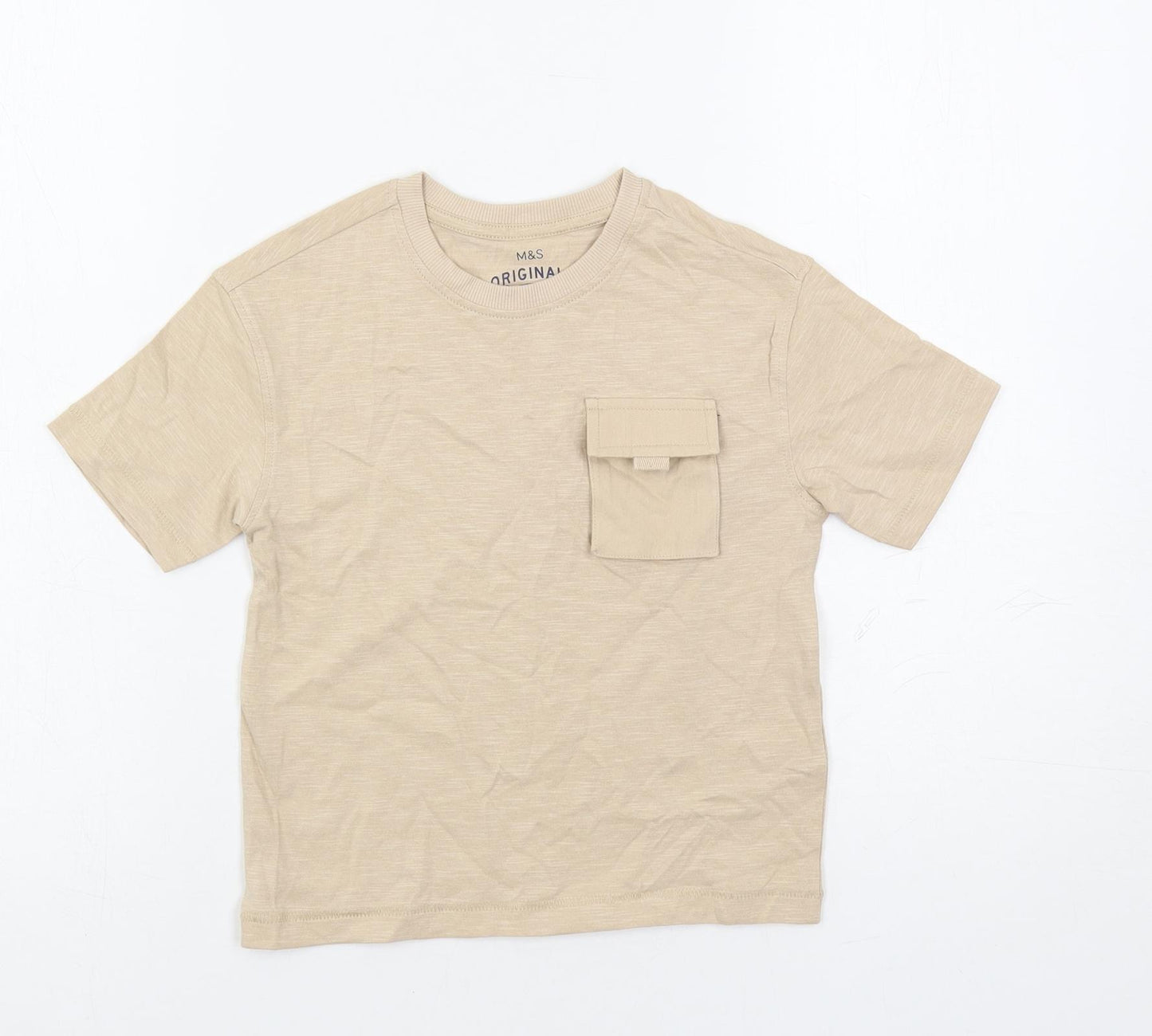 Marks and Spencer Boys Beige Cotton Pullover T-Shirt Size 3-4 Years Crew Neck Pullover - Pocket