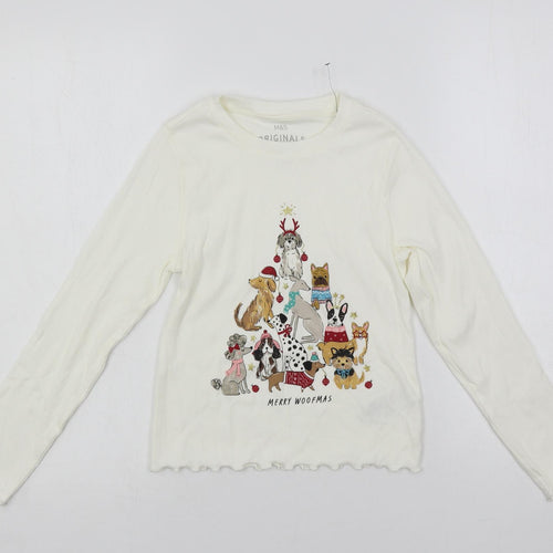 Marks and Spencer Girls White Solid Cotton Top Pyjama Top Size 9-10 Years Pullover - Christmas Dogs