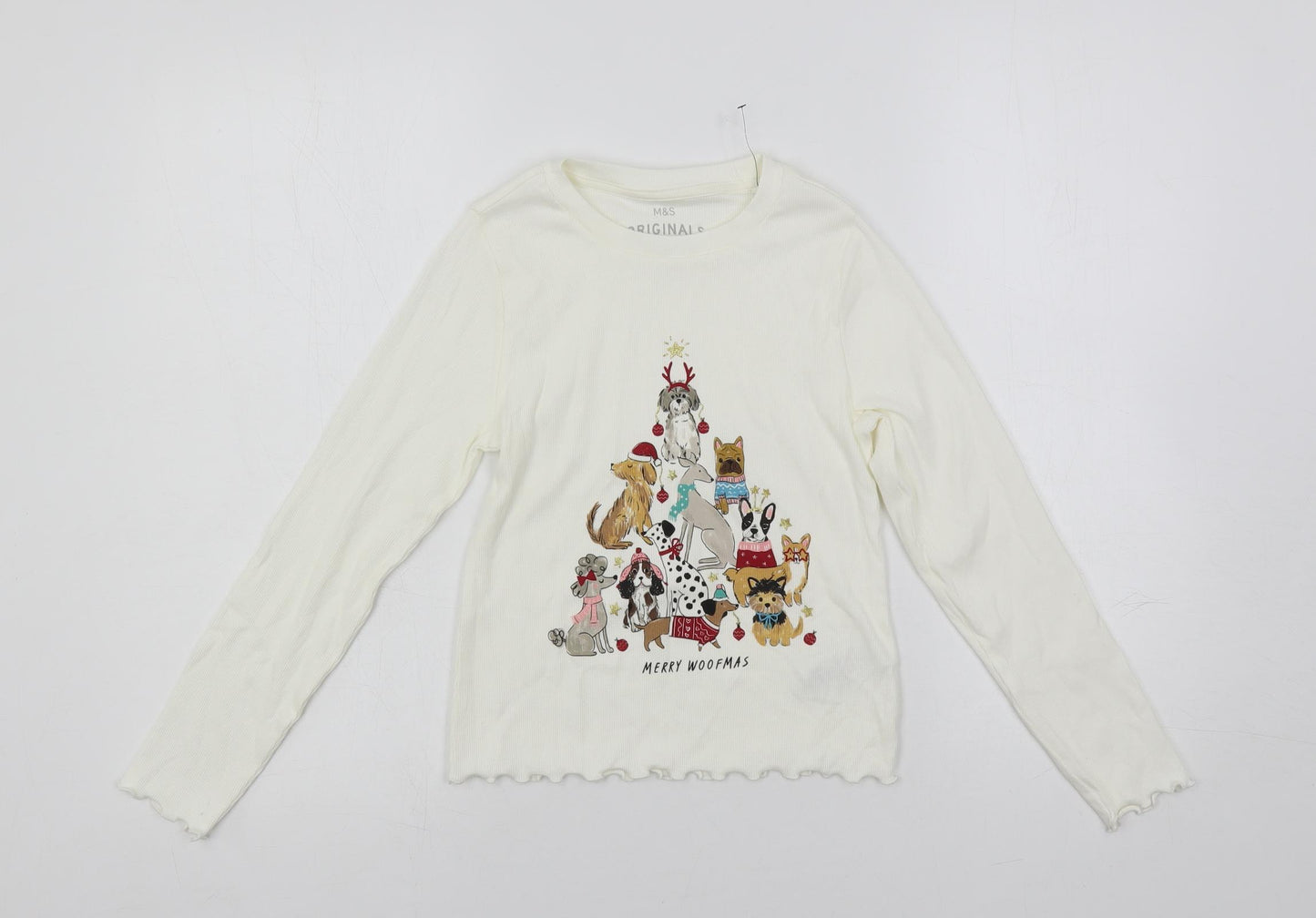 Marks and Spencer Girls White Solid Cotton Top Pyjama Top Size 9-10 Years Pullover - Christmas Dogs
