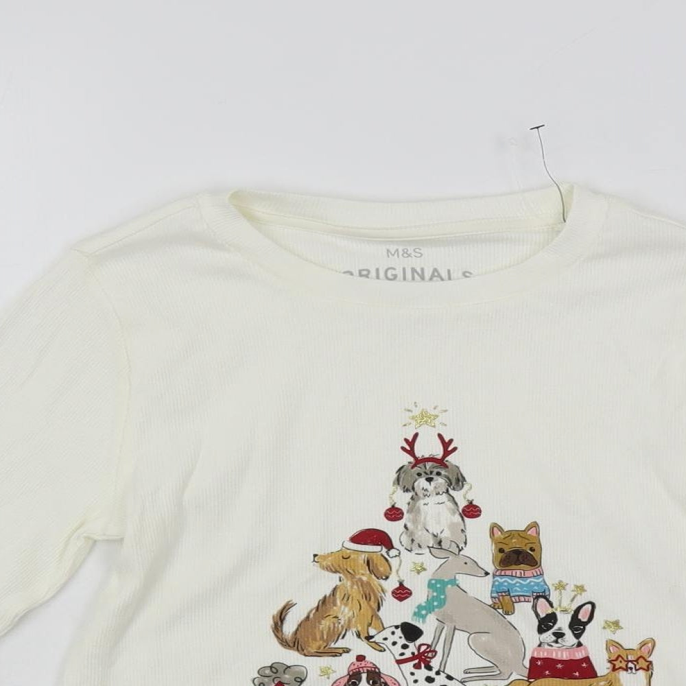 Marks and Spencer Girls White Solid Cotton Top Pyjama Top Size 9-10 Years Pullover - Christmas Dogs