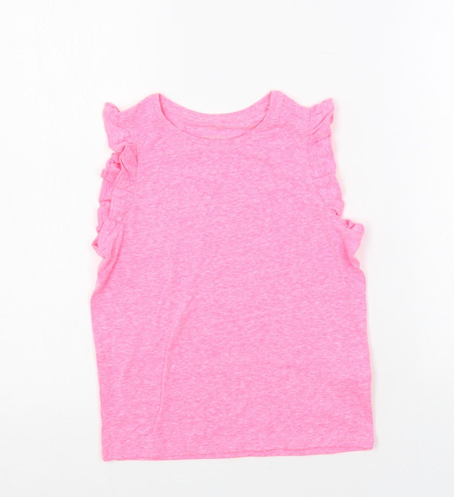 Marks and Spencer Girls Pink Polyester Basic T-Shirt Size 6-7 Years Crew Neck Pullover - Ruffle