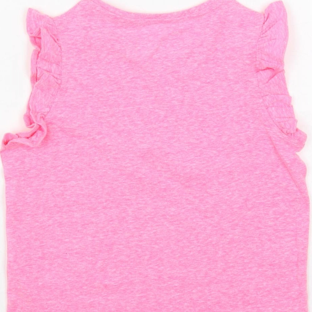 Marks and Spencer Girls Pink Polyester Basic T-Shirt Size 6-7 Years Crew Neck Pullover - Ruffle