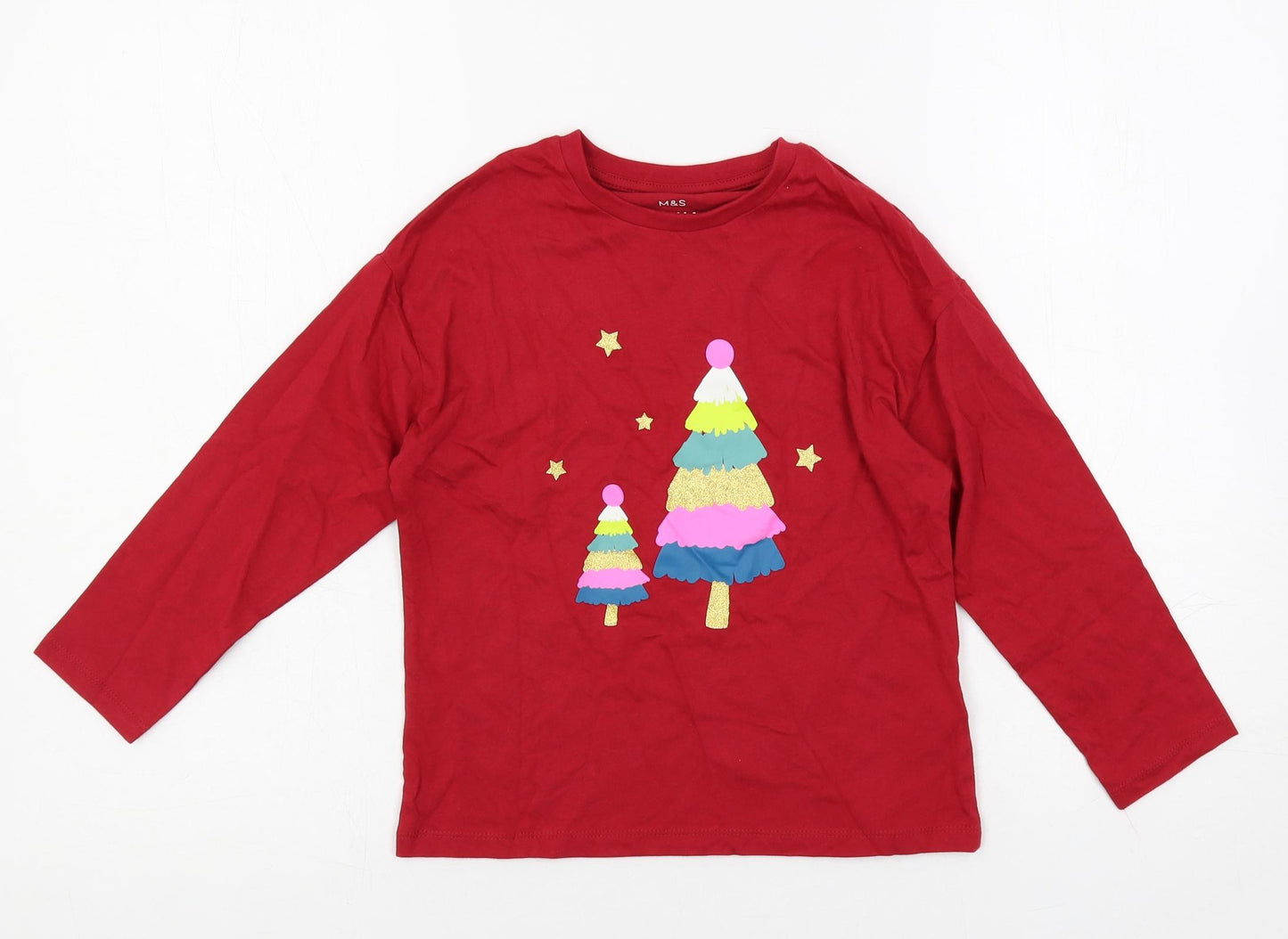 Marks and Spencer Girls Red Solid Cotton Top Pyjama Top Size 6-7 Years Pullover - Christmas