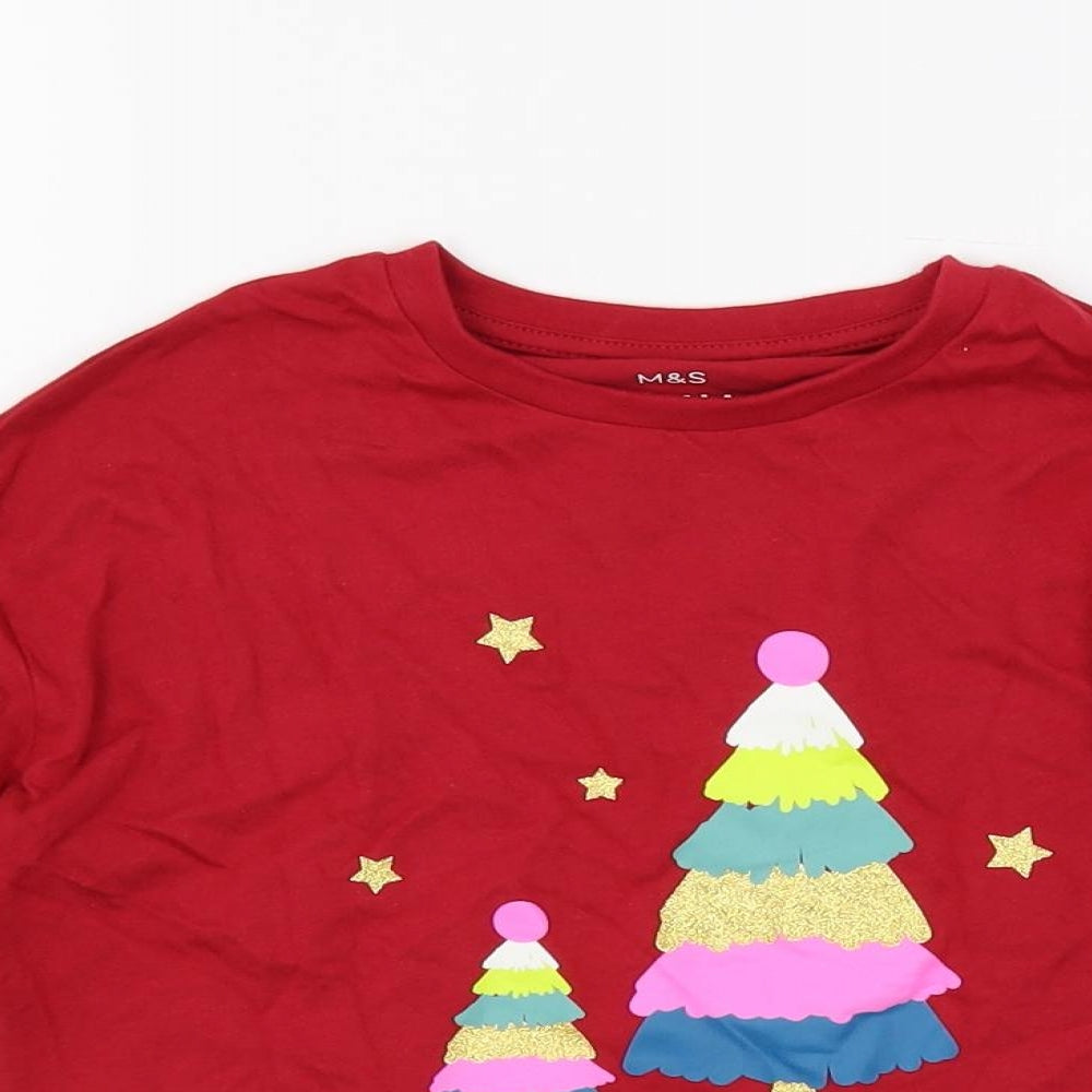 Marks and Spencer Girls Red Solid Cotton Top Pyjama Top Size 6-7 Years Pullover - Christmas