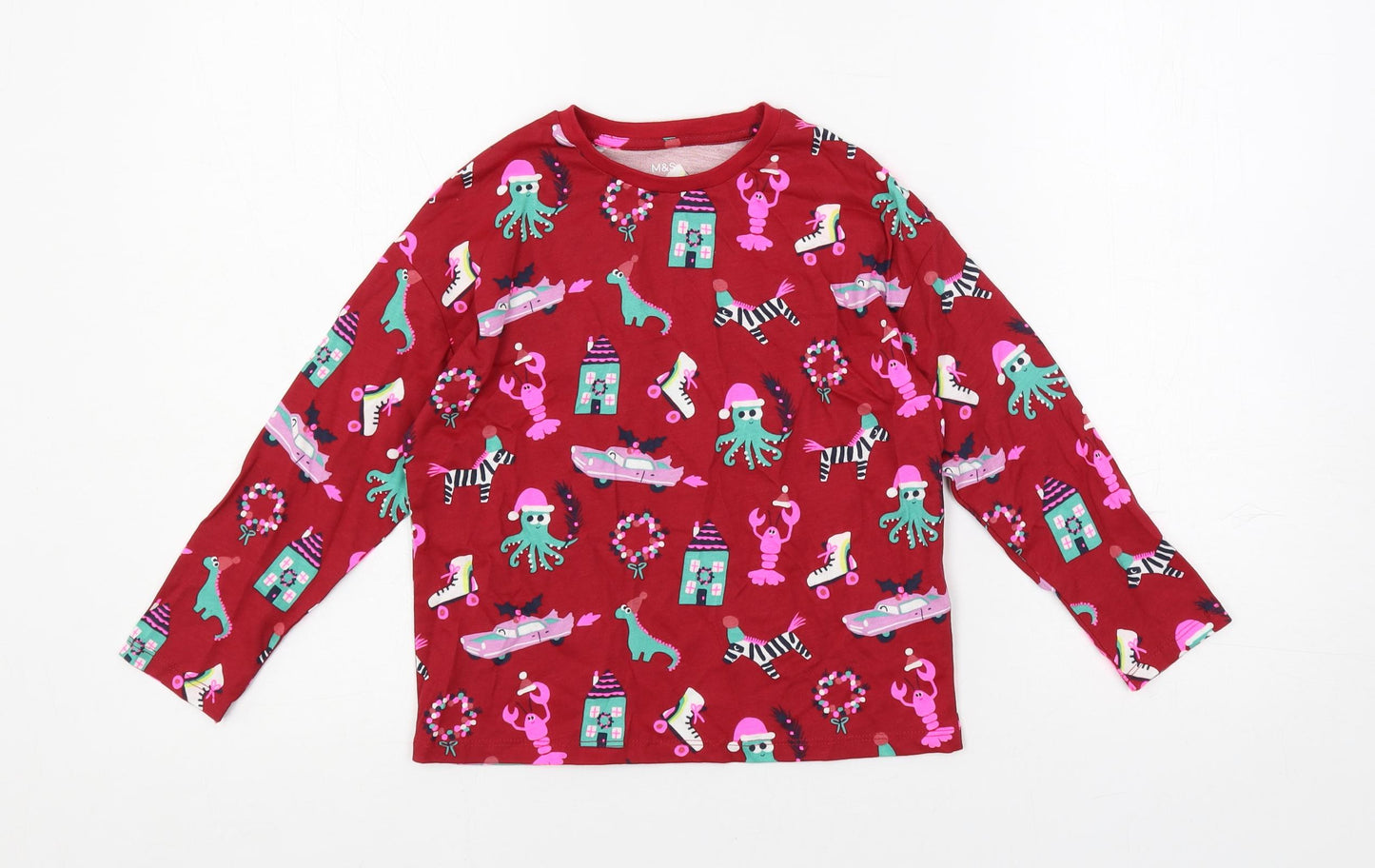 Marks and Spencer Girls Red Geometric Cotton Top Pyjama Top Size 6-7 Years Pullover - Christmas