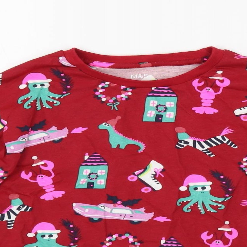 Marks and Spencer Girls Red Geometric Cotton Top Pyjama Top Size 6-7 Years Pullover - Christmas