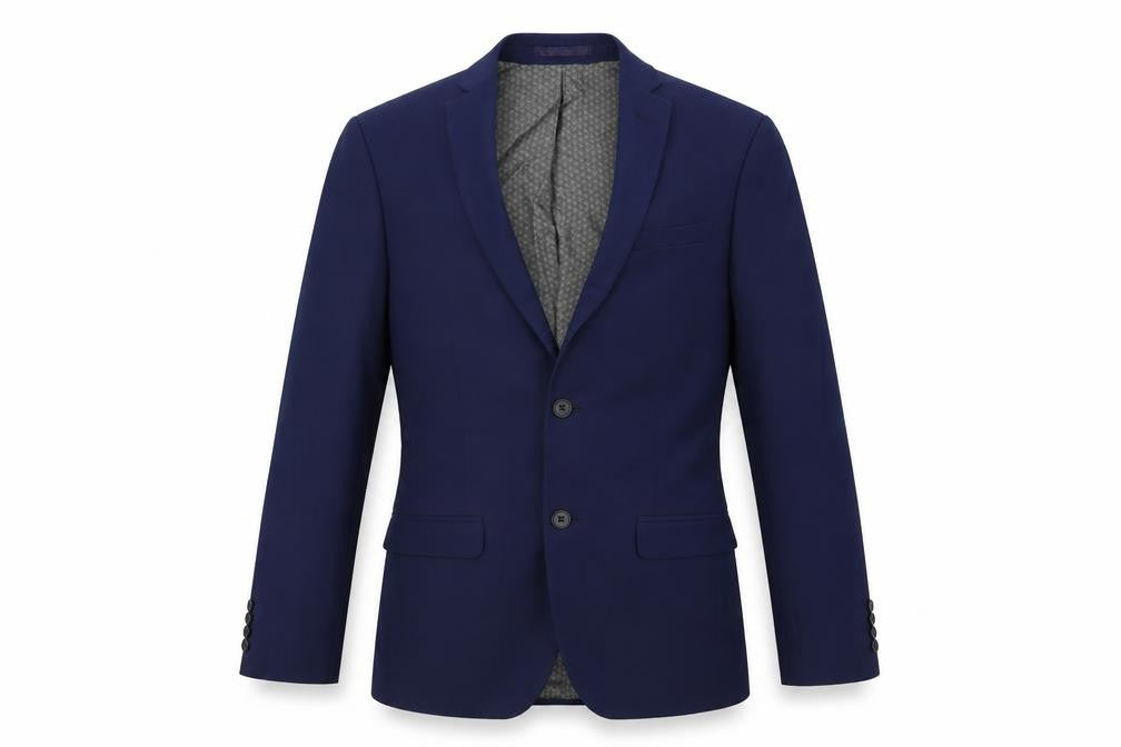 Front view of Limehaus men’s blue polyester jacket suit jacket, size 36, regular