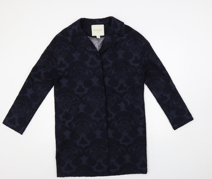 Monsoon Womens Blue Geometric Overcoat Coat Size 10 Button