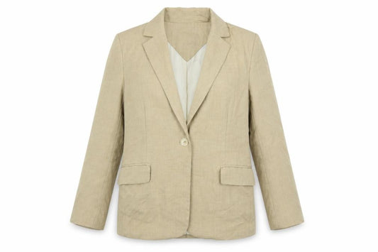 Front view of Bershka women’s beige jacket blazer, size S, button
