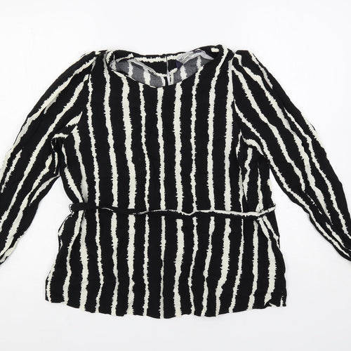 Marks and Spencer Womens Black Striped Viscose Basic Blouse Size 14 Round Neck - Belted