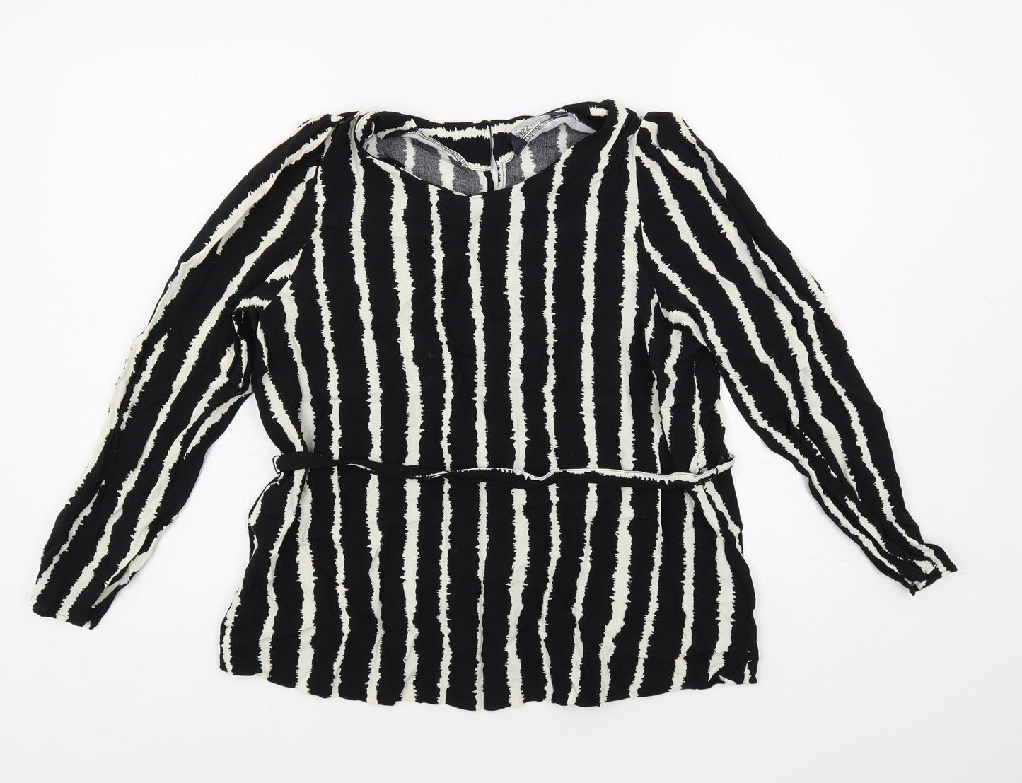 Marks and Spencer Womens Black Striped Viscose Basic Blouse Size 14 Round Neck - Belted