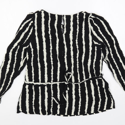 Marks and Spencer Womens Black Striped Viscose Basic Blouse Size 14 Round Neck - Belted