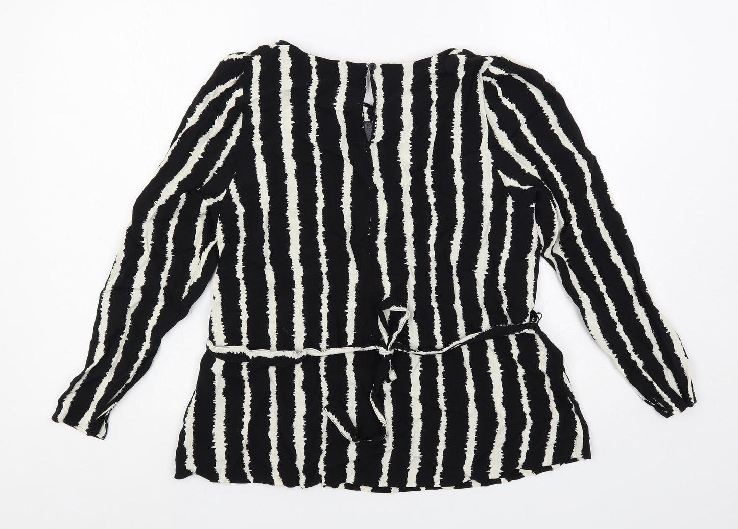 Marks and Spencer Womens Black Striped Viscose Basic Blouse Size 14 Round Neck - Belted