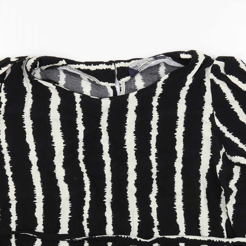 Marks and Spencer Womens Black Striped Viscose Basic Blouse Size 14 Round Neck - Belted