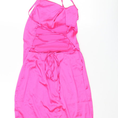 NaaNaa Womens Pink Polyester Mini Size 10 Cowl Neck Zip - Lace Up Back