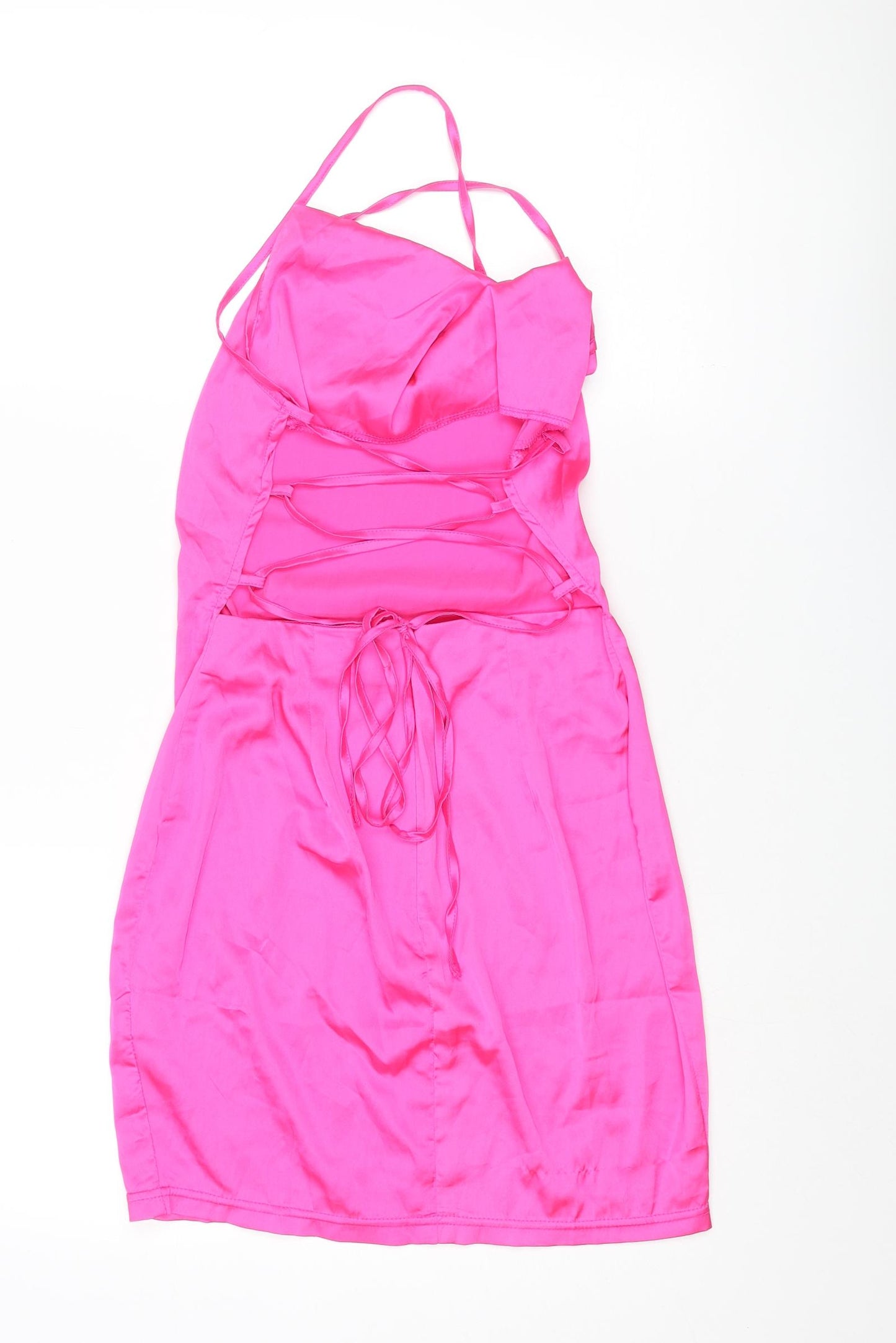 NaaNaa Womens Pink Polyester Mini Size 10 Cowl Neck Zip - Lace Up Back