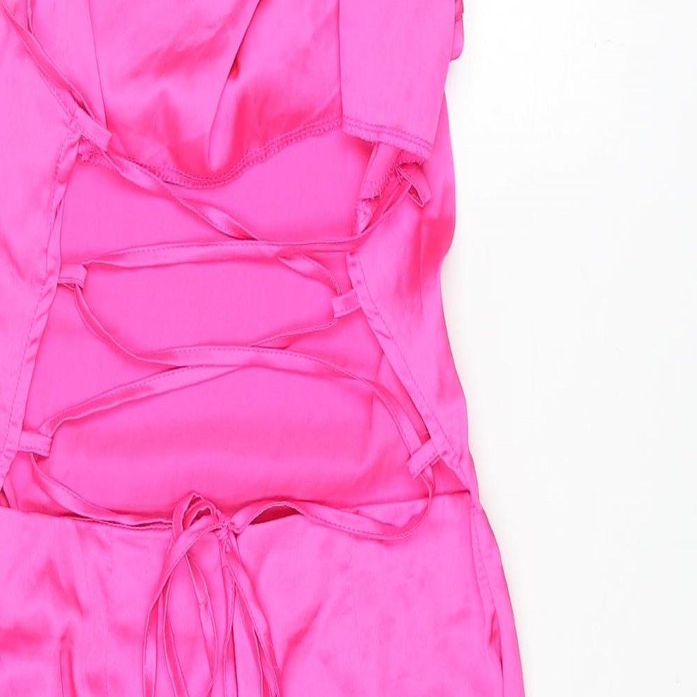 NaaNaa Womens Pink Polyester Mini Size 10 Cowl Neck Zip - Lace Up Back