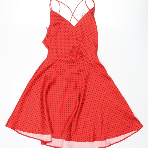 Zara Womens Red Polka Dot Polyester Skater Dress Size XS V-Neck Zip - Lace Up Back