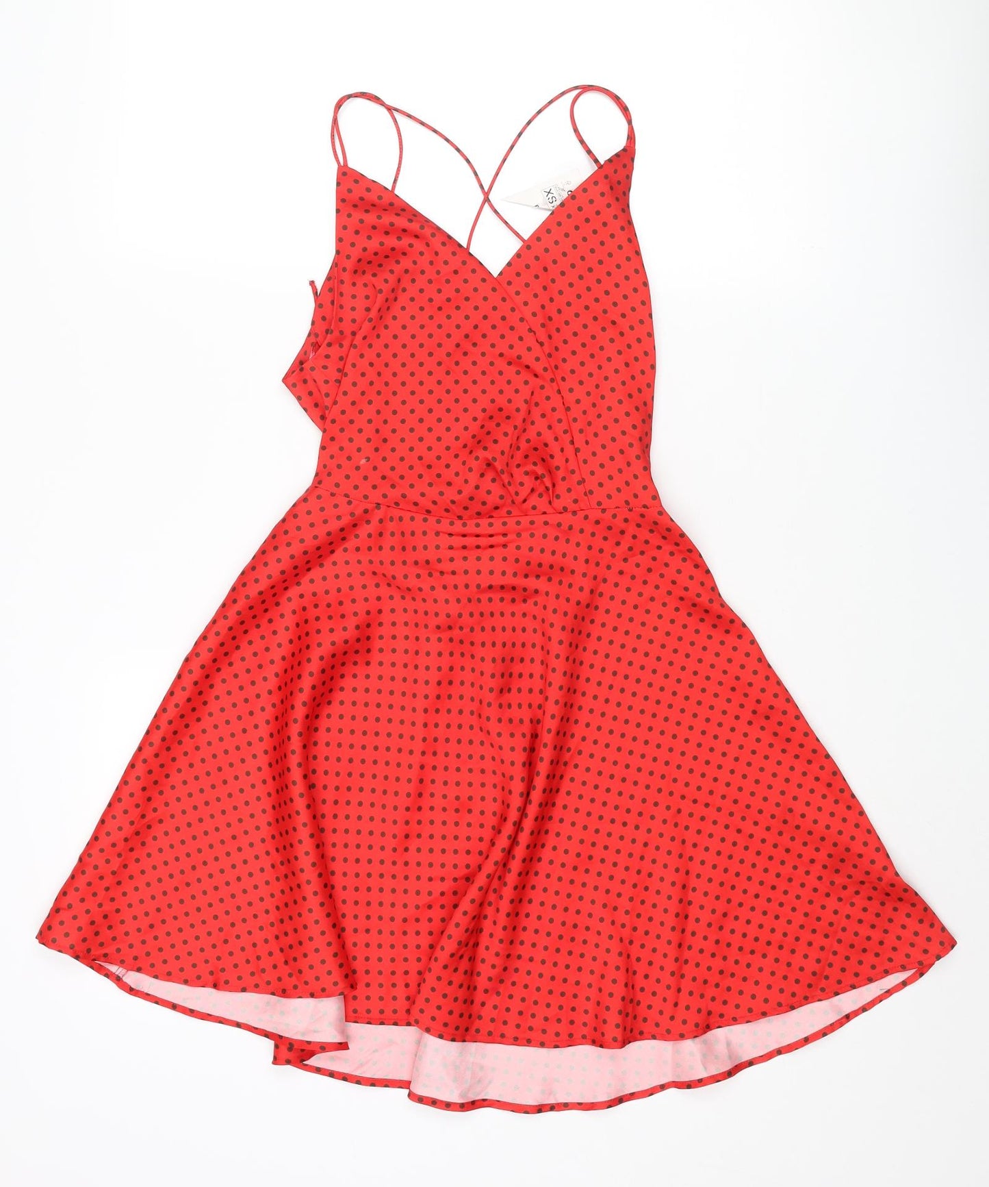 Zara Womens Red Polka Dot Polyester Skater Dress Size XS V-Neck Zip - Lace Up Back