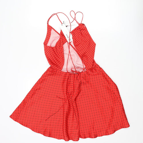 Zara Womens Red Polka Dot Polyester Skater Dress Size XS V-Neck Zip - Lace Up Back