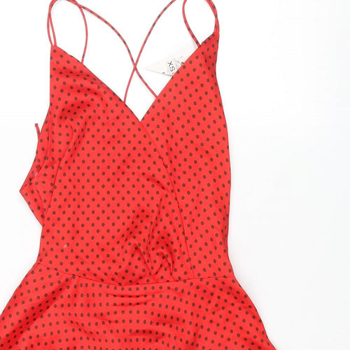 Zara Womens Red Polka Dot Polyester Skater Dress Size XS V-Neck Zip - Lace Up Back