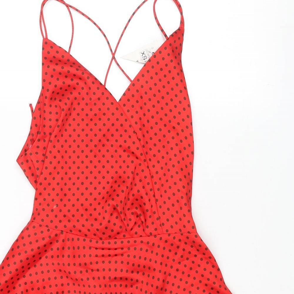 Zara Womens Red Polka Dot Polyester Skater Dress Size XS V-Neck Zip - Lace Up Back