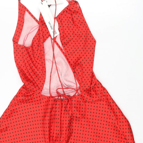 Zara Womens Red Polka Dot Polyester Skater Dress Size XS V-Neck Zip - Lace Up Back
