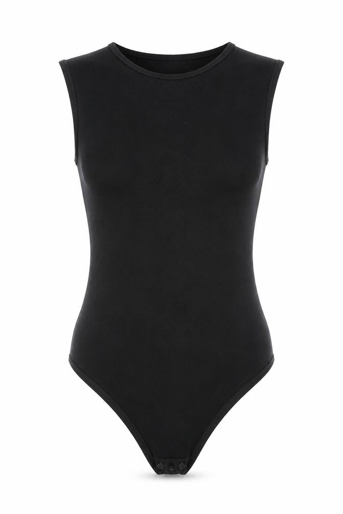 Front view of PRETTYLITTLETHING women’s black viscose bodysuit one-piece, size UK 10, snap