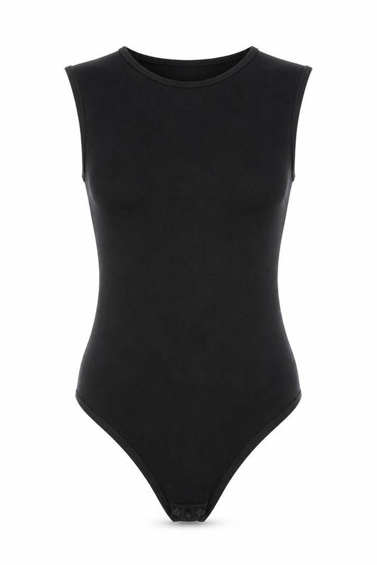 Front view of PRETTYLITTLETHING women’s black viscose bodysuit one-piece, size UK 10, snap