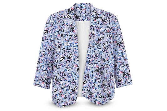 Front view of Warehouse women’s multicoloured floral jacket, size UK 10