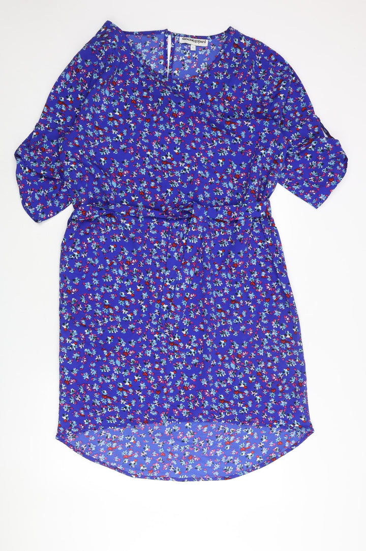 Dancing Leopard Womens Blue Floral Polyester Shift Size L Round Neck Button - Belted