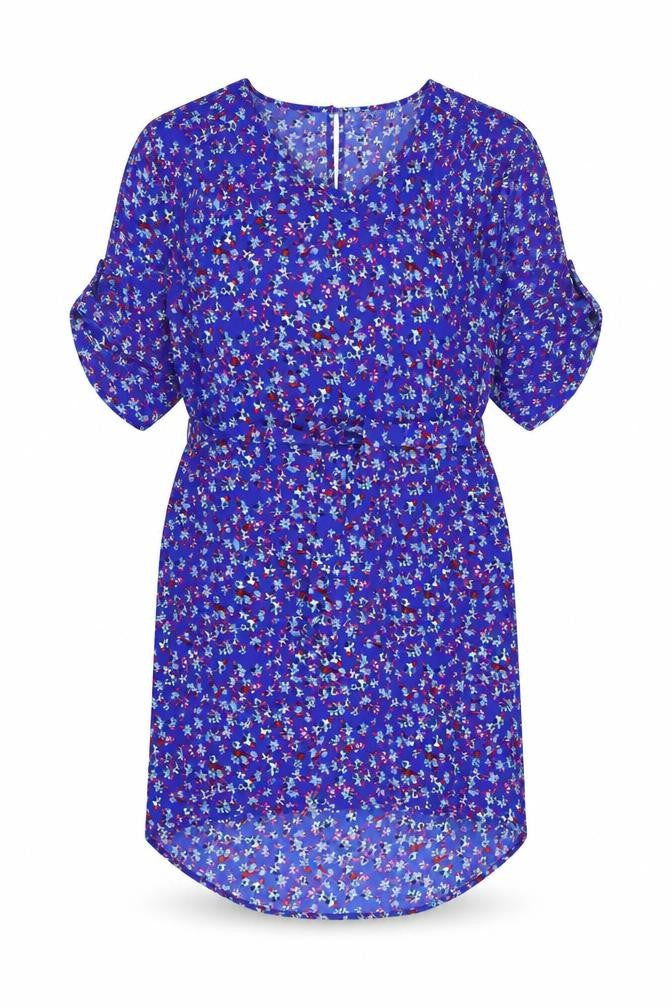 Front view of Dancing Leopard women’s blue floral polyester shift, size L, round neck button - belted