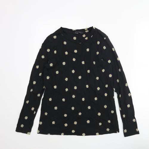 Marks and Spencer Womens Black Floral Cotton Basic T-Shirt Size 12 Round Neck