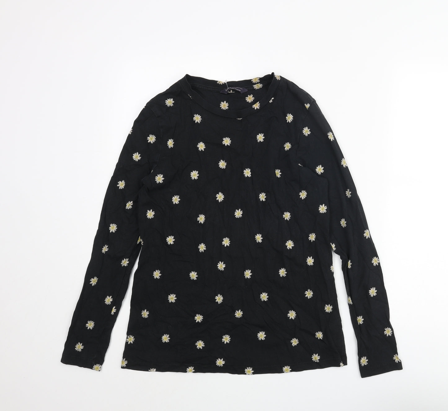 Marks and Spencer Womens Black Floral Cotton Basic T-Shirt Size 12 Round Neck