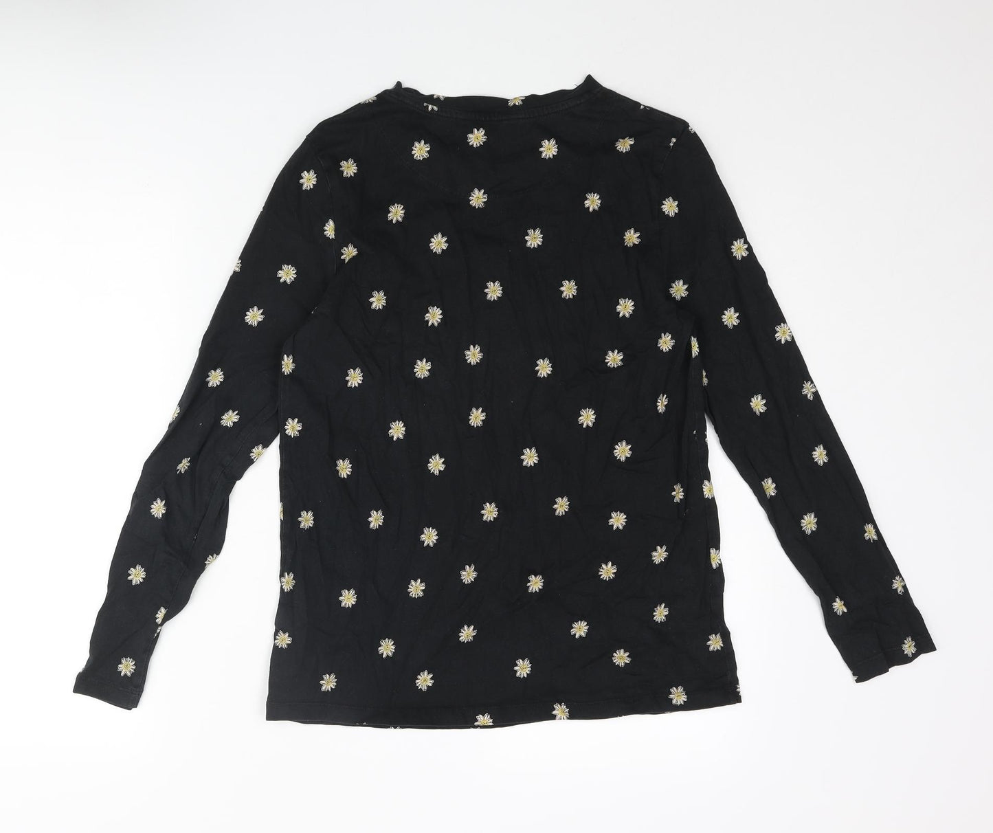 Marks and Spencer Womens Black Floral Cotton Basic T-Shirt Size 12 Round Neck