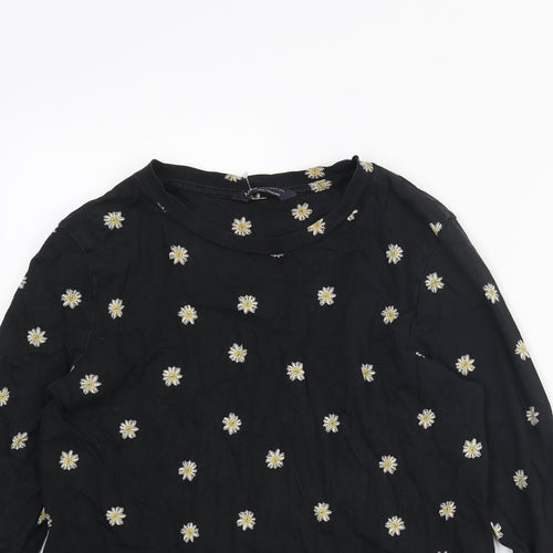 Marks and Spencer Womens Black Floral Cotton Basic T-Shirt Size 12 Round Neck