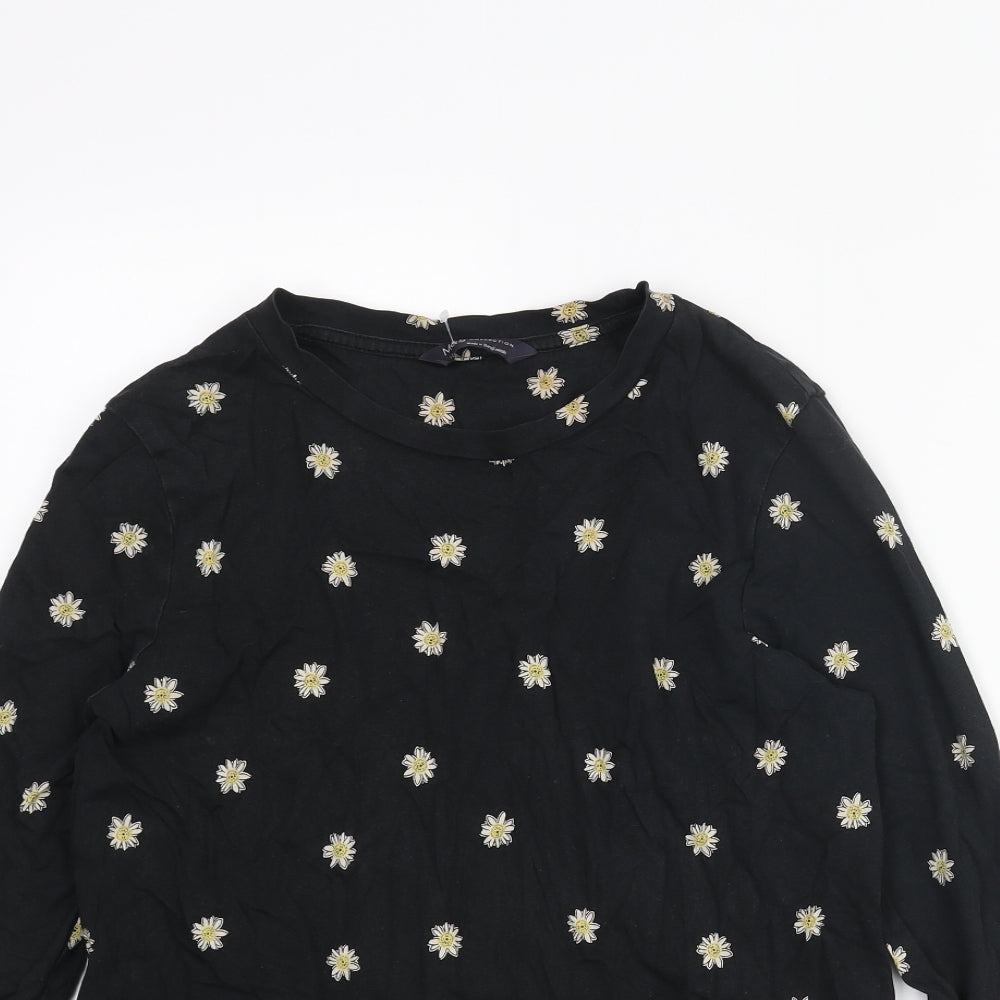 Marks and Spencer Womens Black Floral Cotton Basic T-Shirt Size 12 Round Neck
