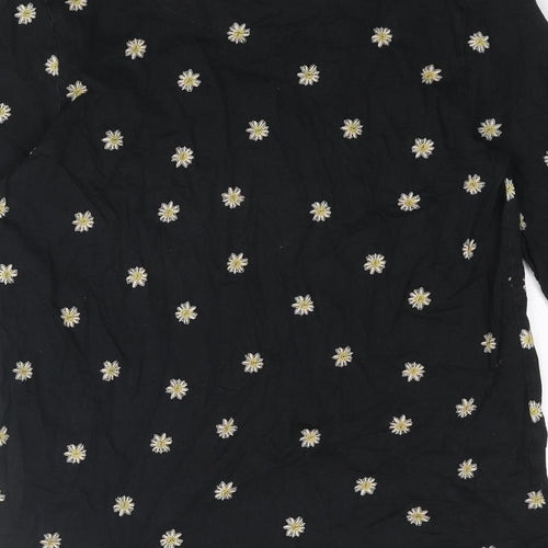 Marks and Spencer Womens Black Floral Cotton Basic T-Shirt Size 12 Round Neck