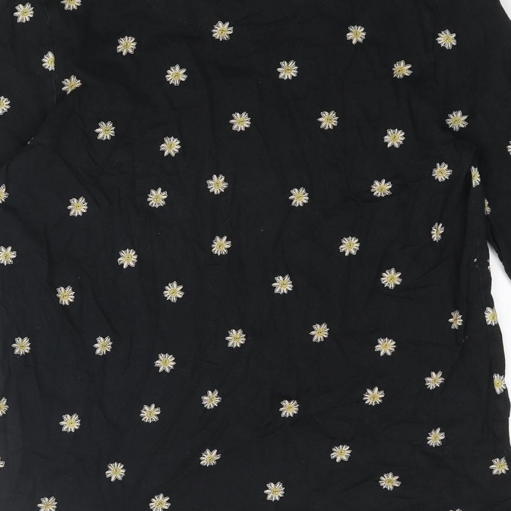 Marks and Spencer Womens Black Floral Cotton Basic T-Shirt Size 12 Round Neck