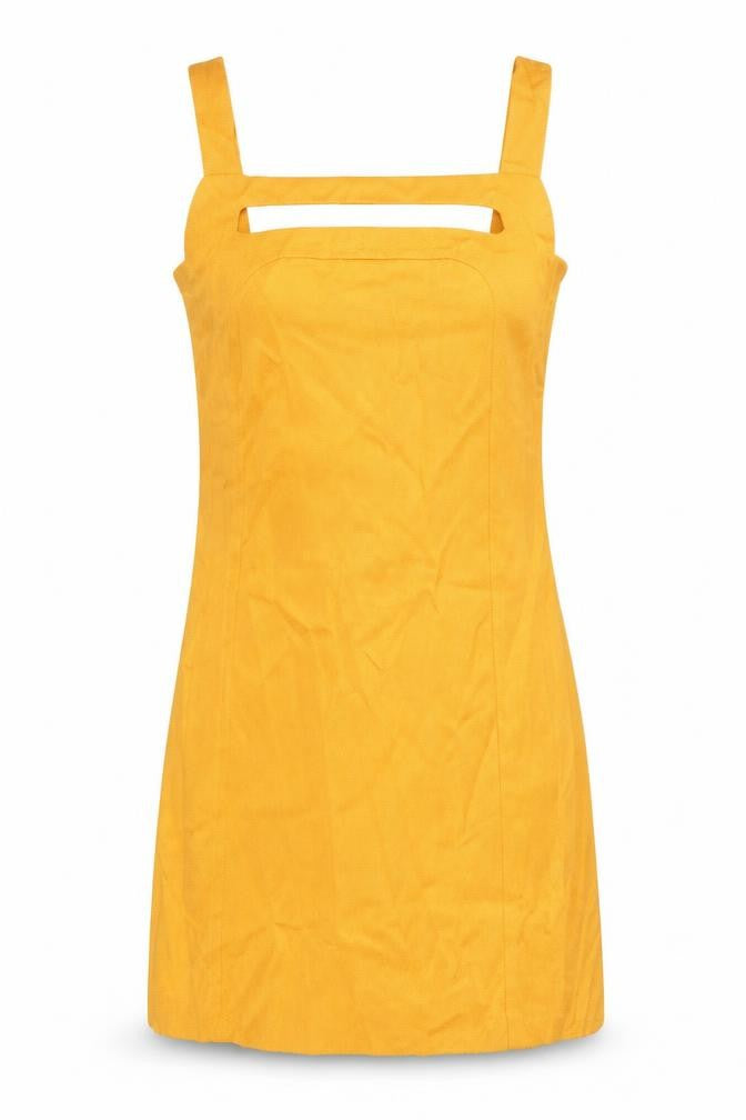 Front view of Tara Jarmon women’s yellow polyester shift, size UK 12, square neck zip - cut out detail