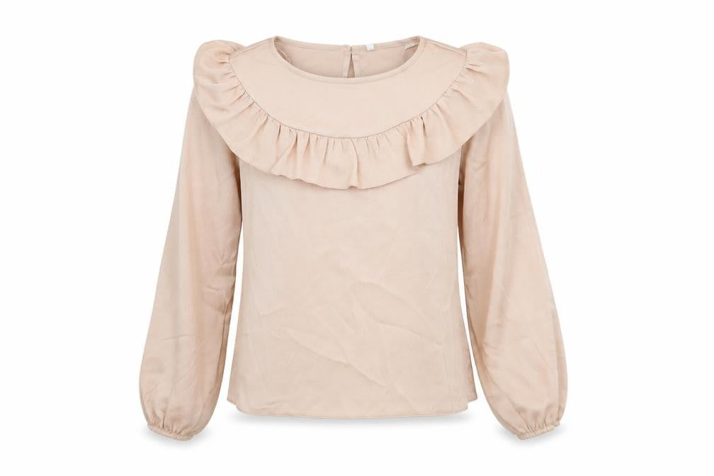 Front view of C&A women’s pink polyester basic blouse, size UK 10, round neck - frill