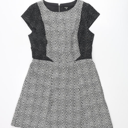 Oasis Womens Grey Geometric Cotton A-Line Size 12 Round Neck Zip