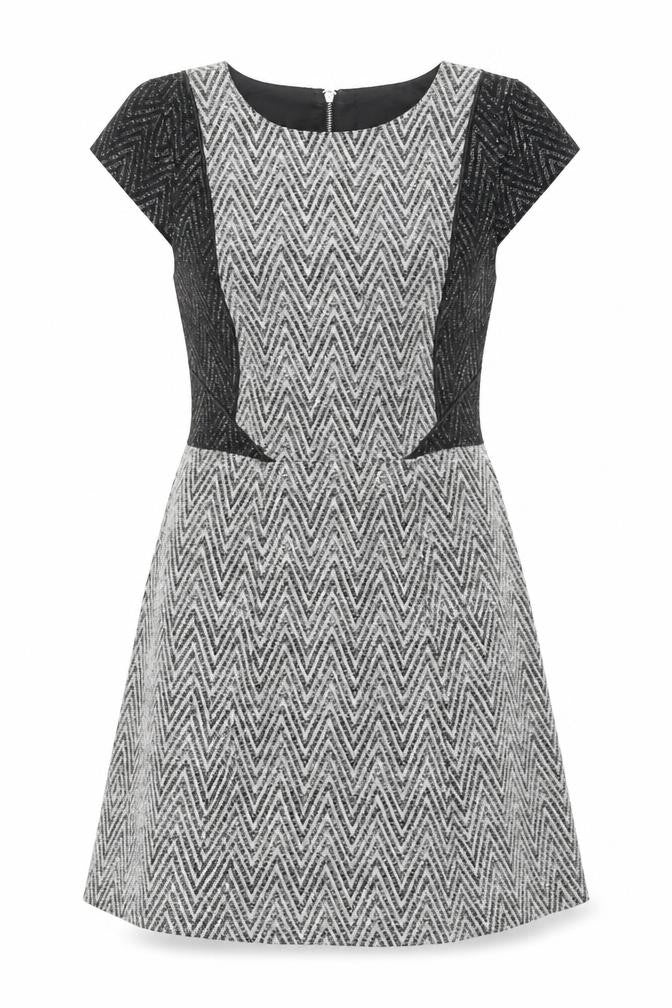 Front view of Oasis women’s grey geometric cotton a-line, size UK 12, round neck zip