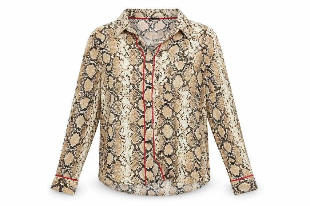 Front view of River Island women’s beige animal print viscose basic button-up, size UK 10, collared - snake print