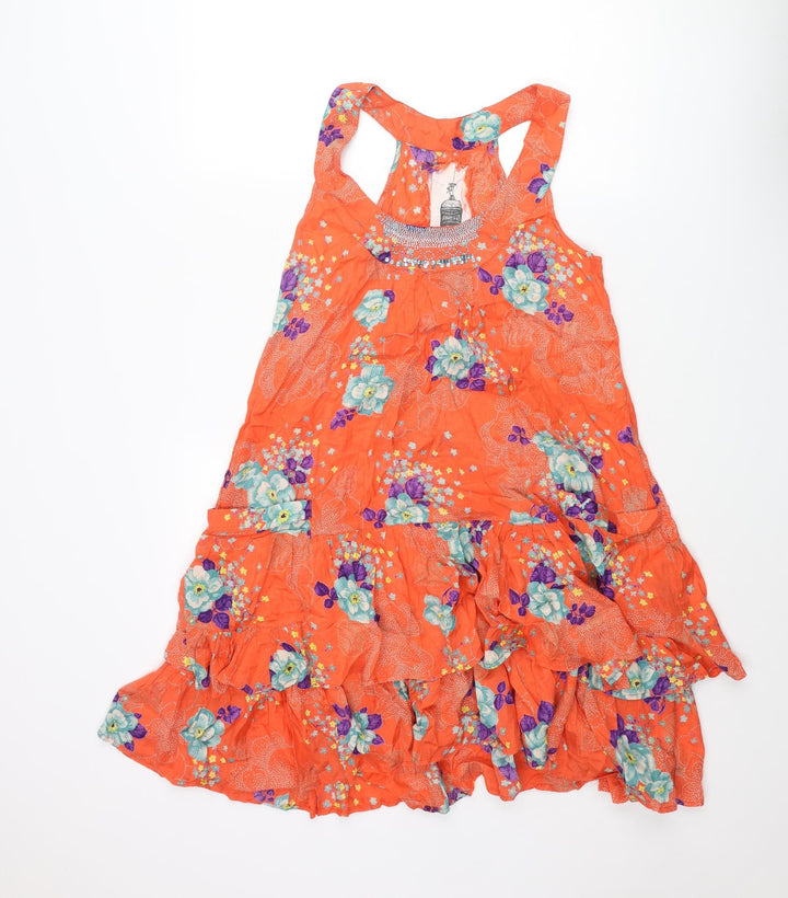 River Island Womens Orange Floral Viscose Shift Size 8 Round Neck Pullover - Frill
