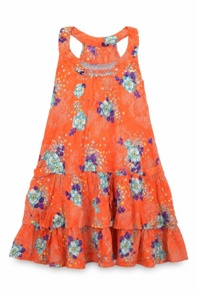 Front view of River Island women’s orange floral viscose shift, size UK 8, round neck pullover - frill