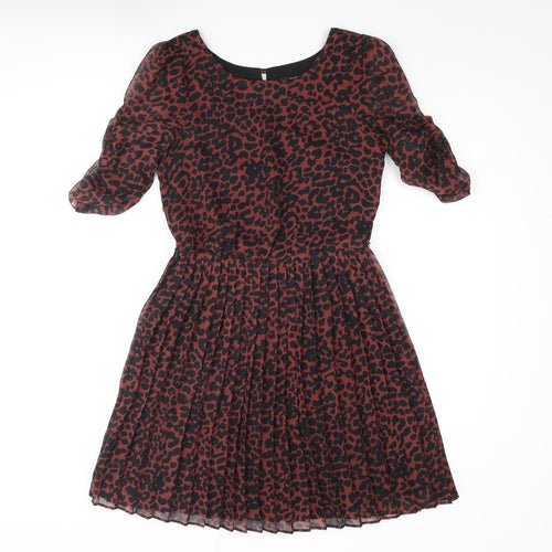 Oasis Womens Red Striped Polyester Fit & Flare Size 8 Round Neck Button - Leopard Print
