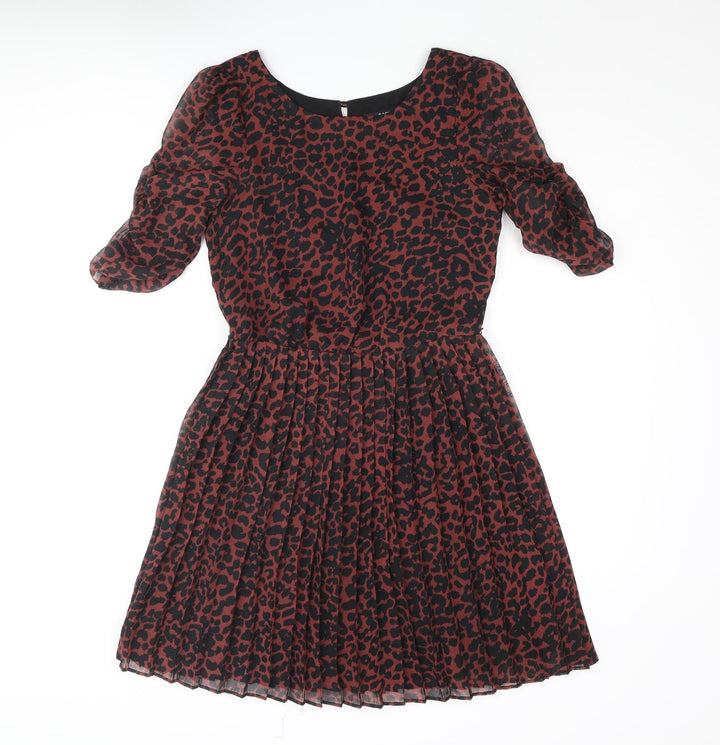 Oasis Womens Red Striped Polyester Fit & Flare Size 8 Round Neck Button - Leopard Print