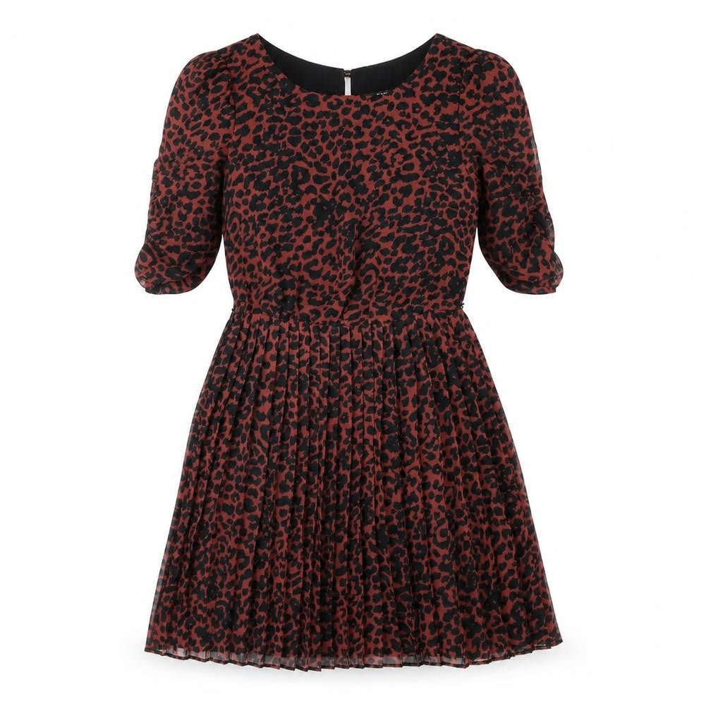 Front view of Oasis women’s red striped polyester fit & flare, size UK 8, round neck button - leopard print