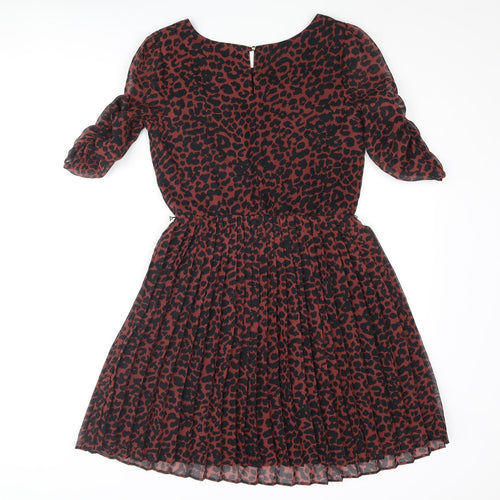 Oasis Womens Red Striped Polyester Fit & Flare Size 8 Round Neck Button - Leopard Print